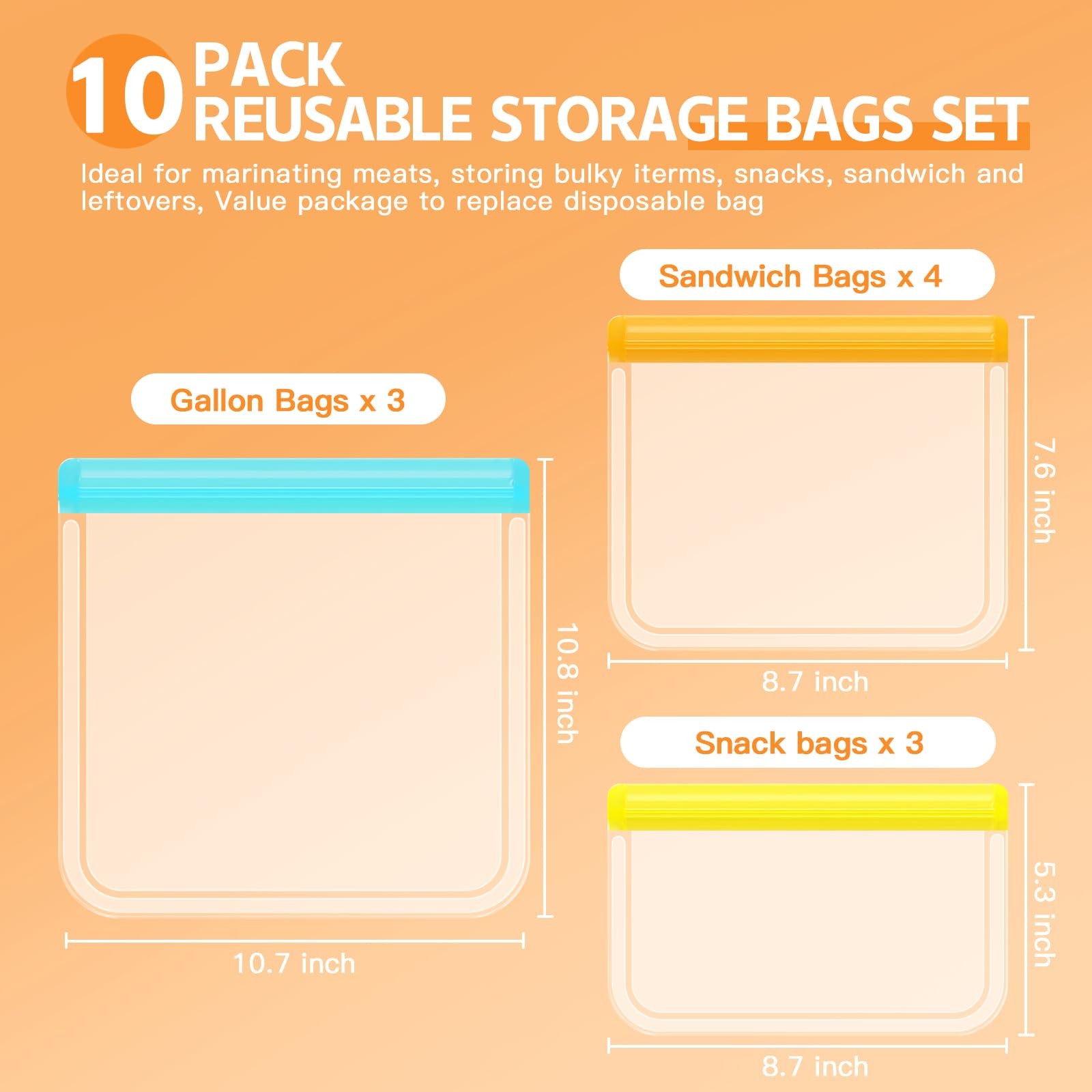 10 Pack Dishwasher Safe Reusable Bags, Leakproof Reusable Freezer Bags, BPA Free