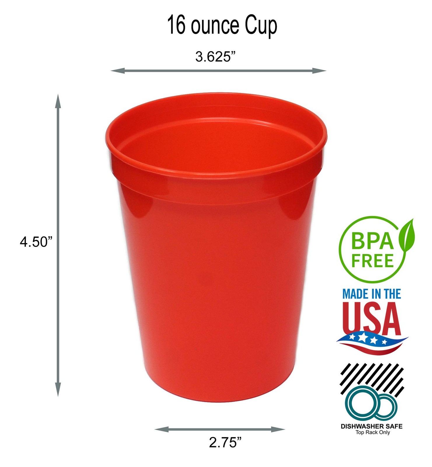 16 oz. Reusable Plastic Stadium Cups, 8 Pack, Made in USA, BPA-Free Dishwasher S