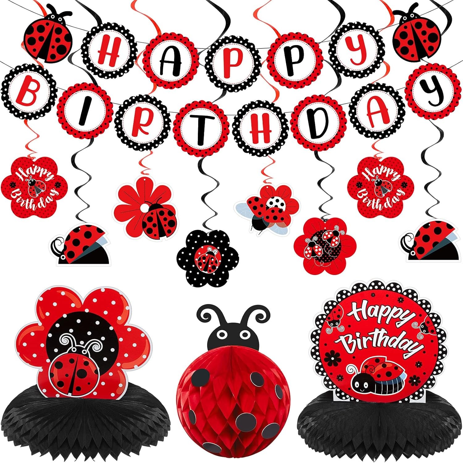 Ladybug Fancy Party Decoration Kit – Cute Birthday Banner, Honeycomb Red