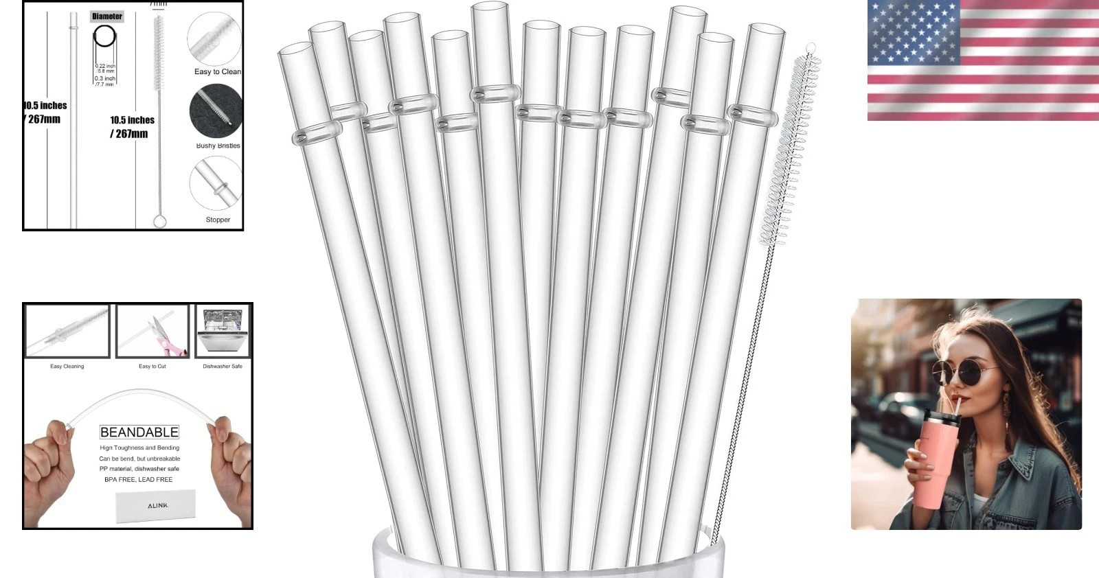 12 Pack Clear Reusable Straws Universal Fit for 16–30 oz Tumblers BPA Free Repla