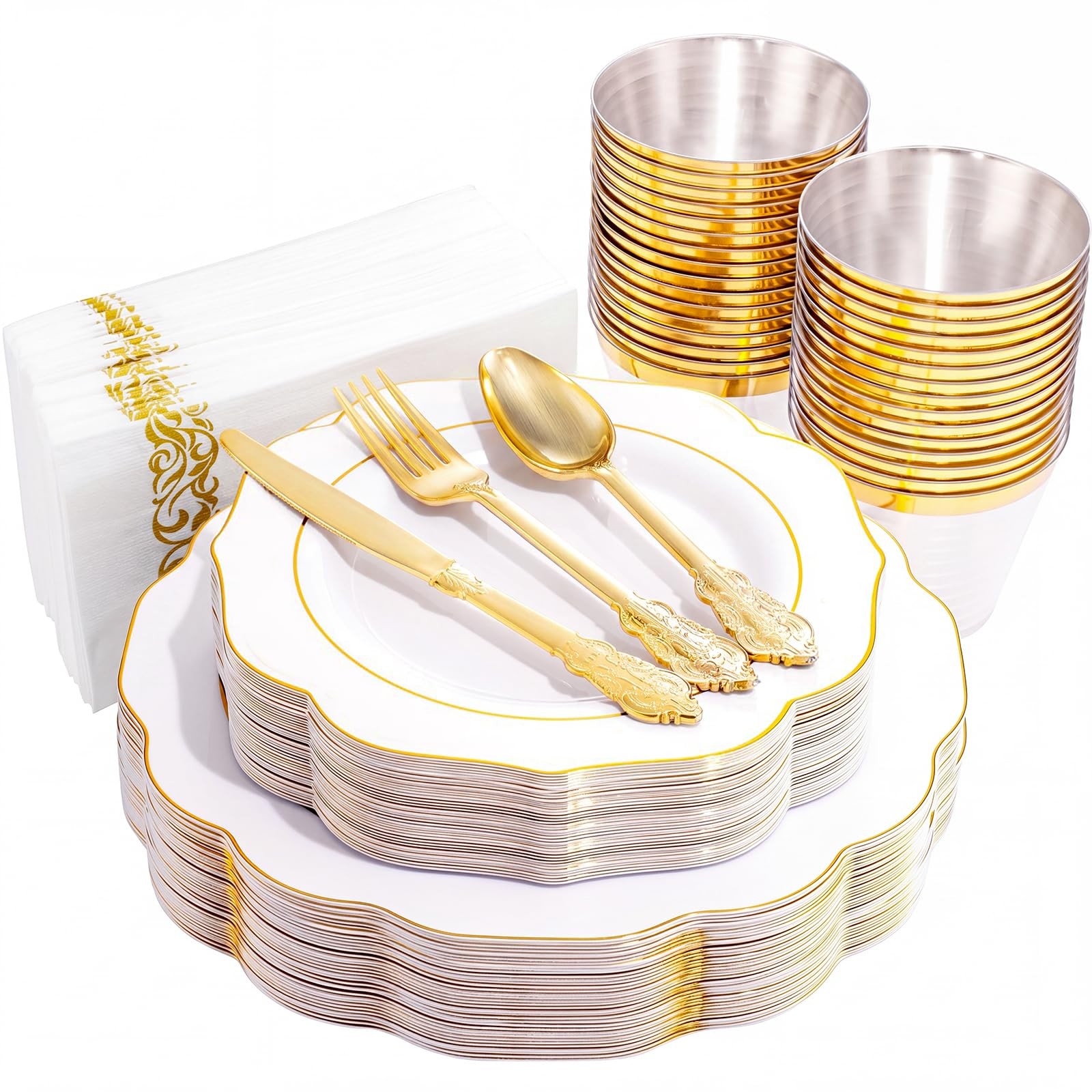 175PCS Gold Plastic Plates with Disposable Silverware – White Gold Plastic Ta…