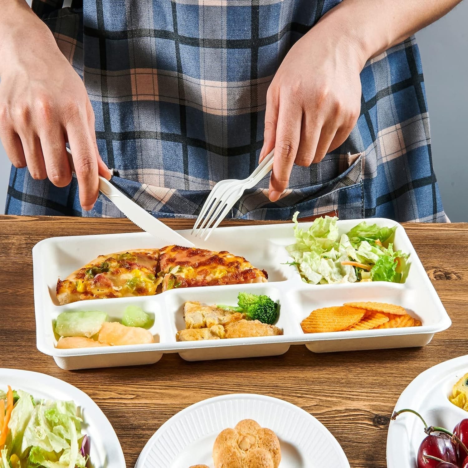 100% Compostable 5 Compartment Plates, 100 Pack Disposable Compartment Paper …