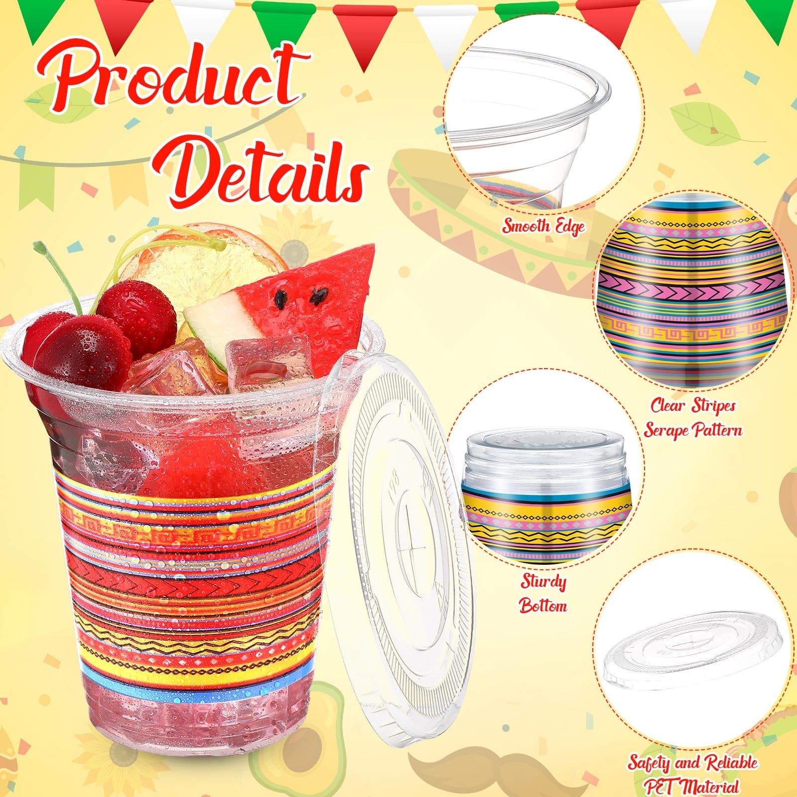 100 Pack 12 oz Fiesta Plastic Cups with Lids and Paper Straws Mexican Clear D…