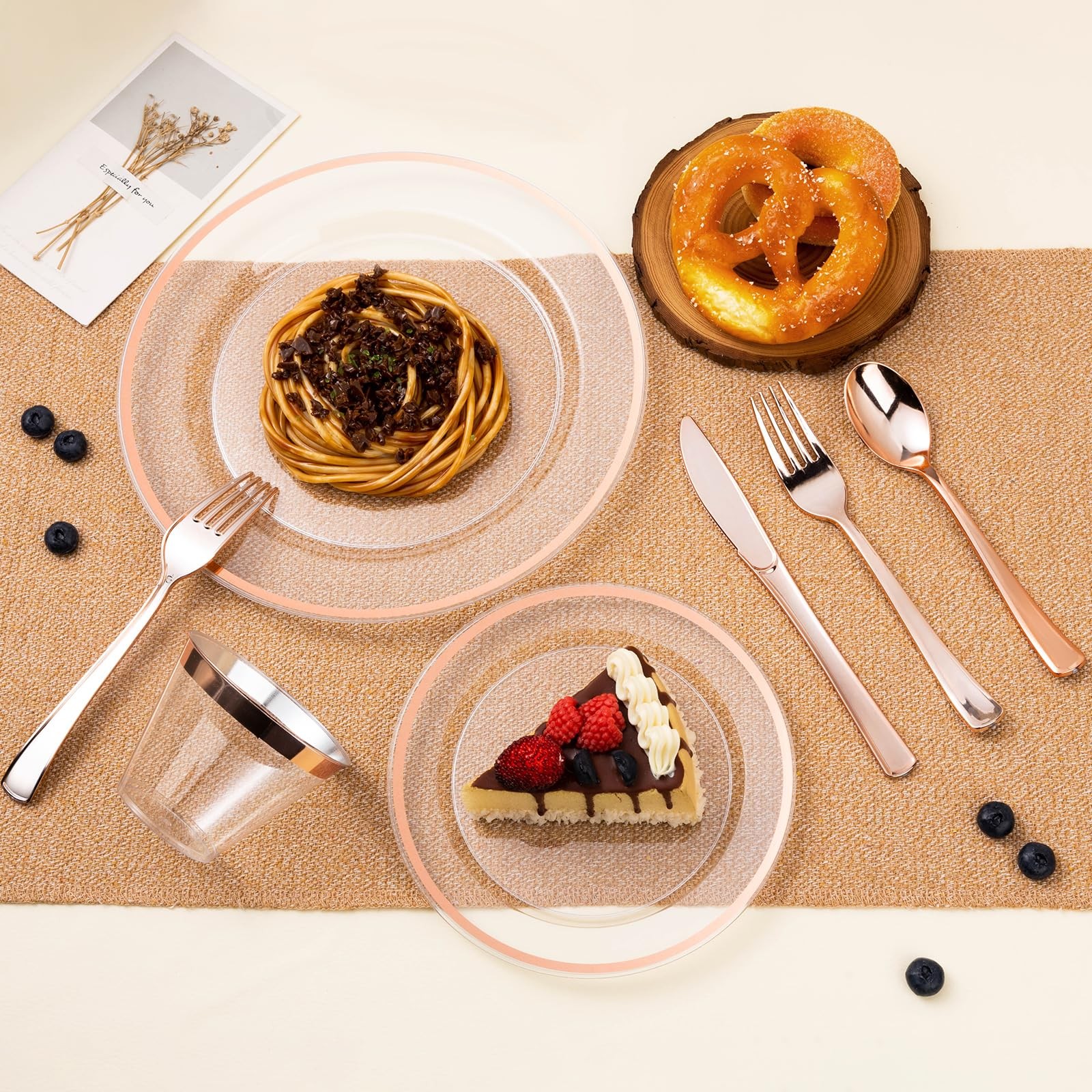 200PCS Rose Gold and Clear Plastic Plates, Rose Gold Disposable Plate Set wit…