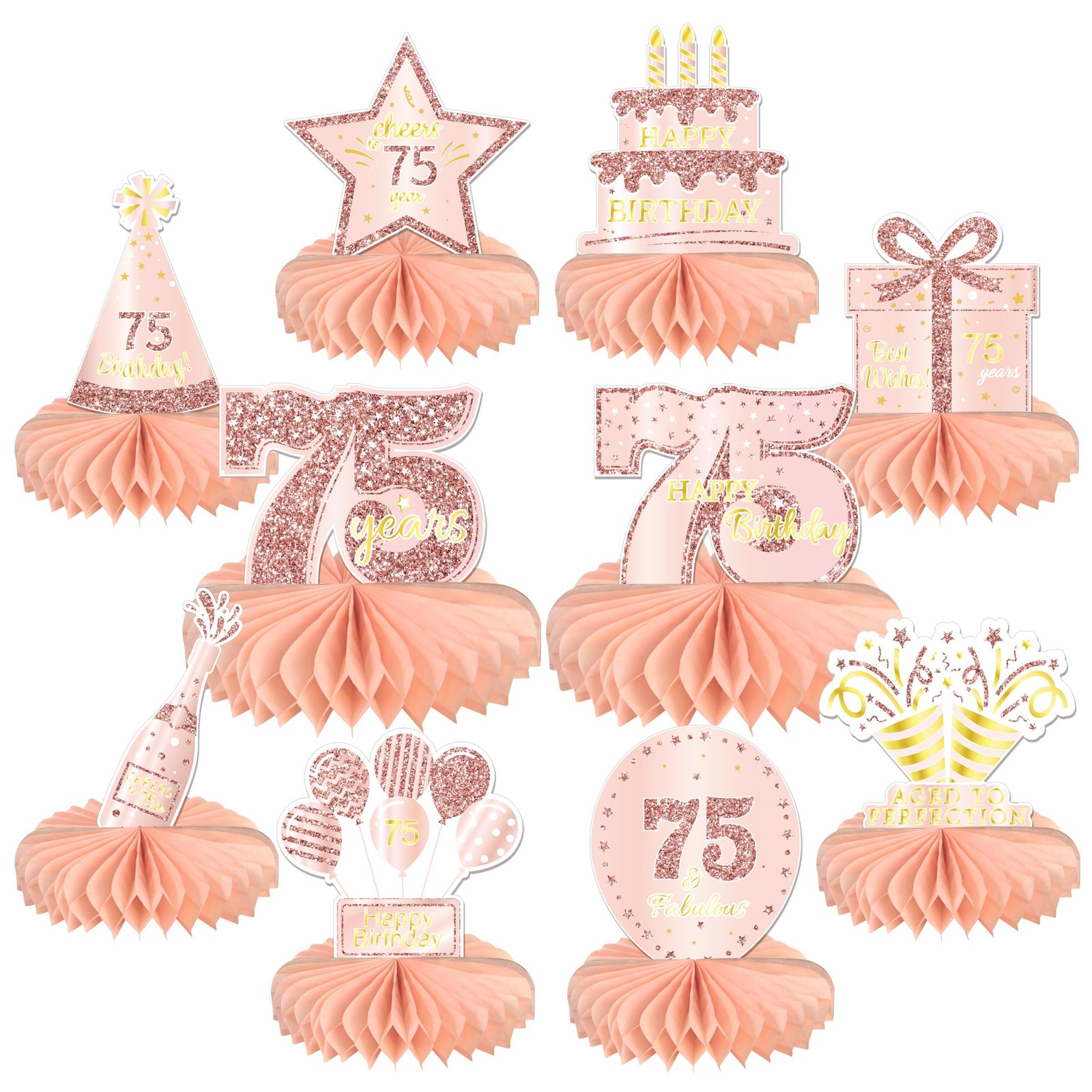 10 PCS Rose Gold Pink 75th Birthday Honeycomb Table Topper Centerpieces