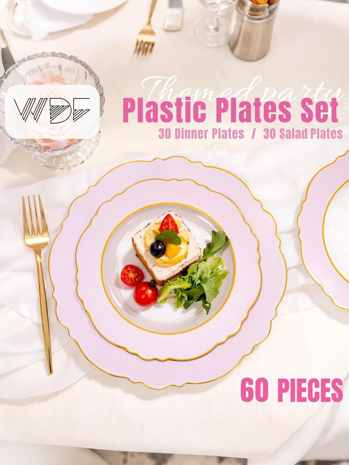 60Pcs Pink Plates Disposable with Gold Rim – Baroque Clear Pink and Gold Plas…