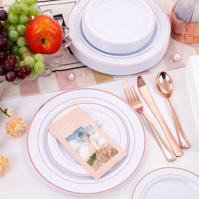 Rose Gold Disposable Plates Cups Cutlery Napkins Party Supplies Set 150pcs New
