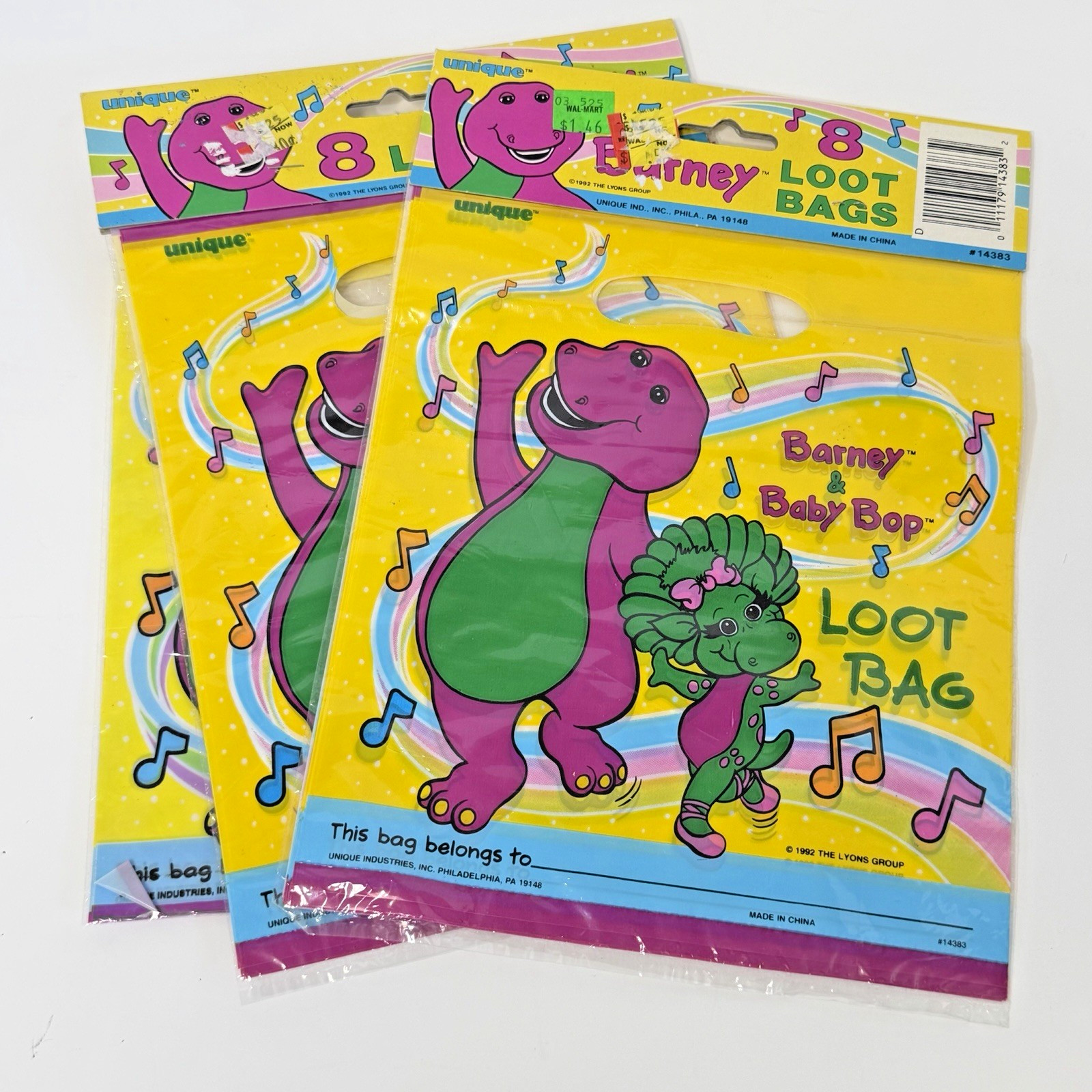 Barney Loot Favor Treat Birthday Party Bags 8 Pack x2 Baby Bop 1992 Retro NEW!