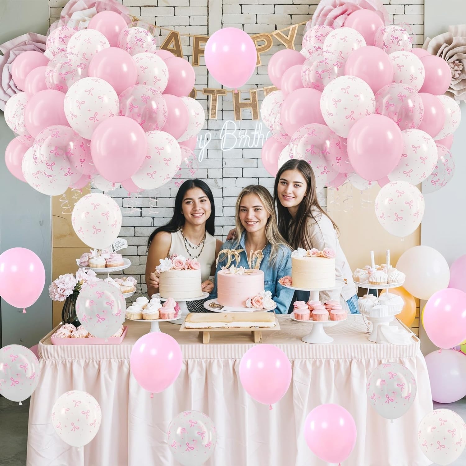 Pink Bow Balloons, 12 Inch Pastel Light Pink Transparent White Bow Print Coqu…
