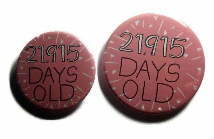 60th birthday badge age number pin sixty age party sixtieth days old pink colour
