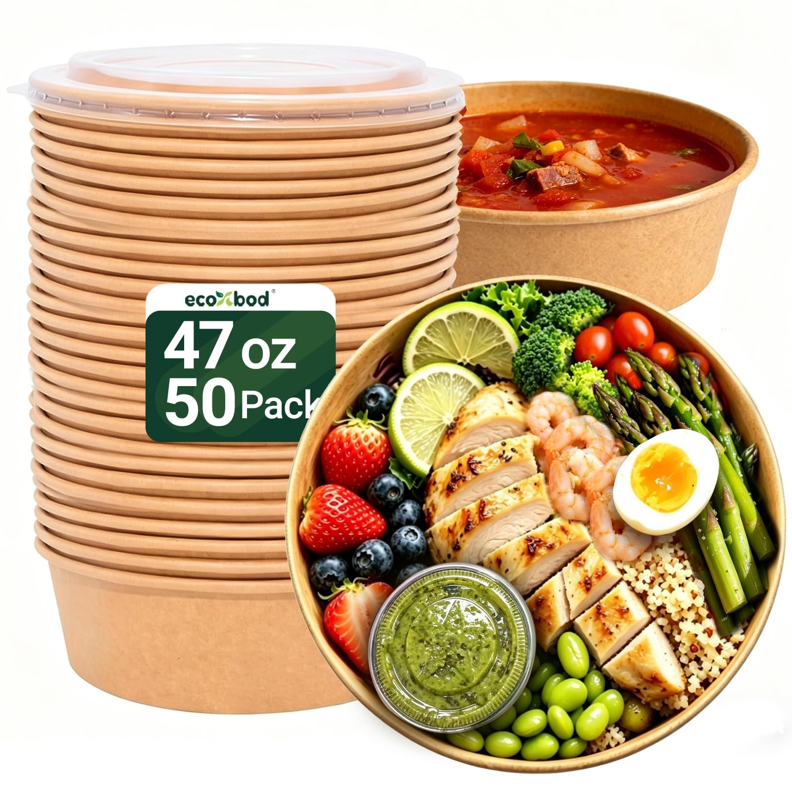 47oz Disposable Round Kraft Paper Meal Prep Containers with Lids, 50pk Oil Pr…