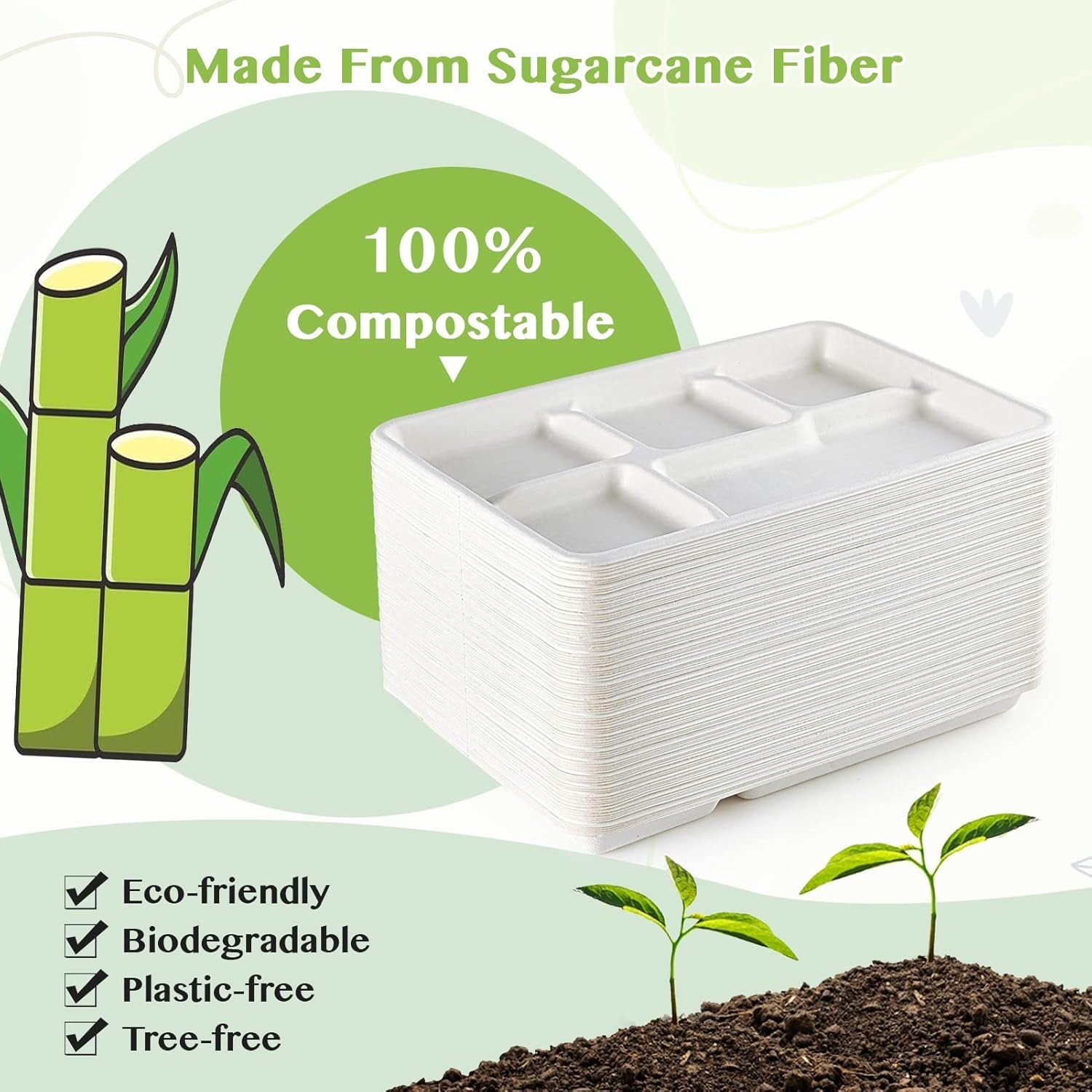 100% Compostable 5 Compartment Plates, 100 Pack Disposable Compartment Paper …