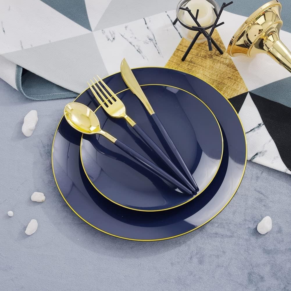 150PCS Blue Plastic Plates – Gold Plastic Silverware with Blue Handle – Navy …