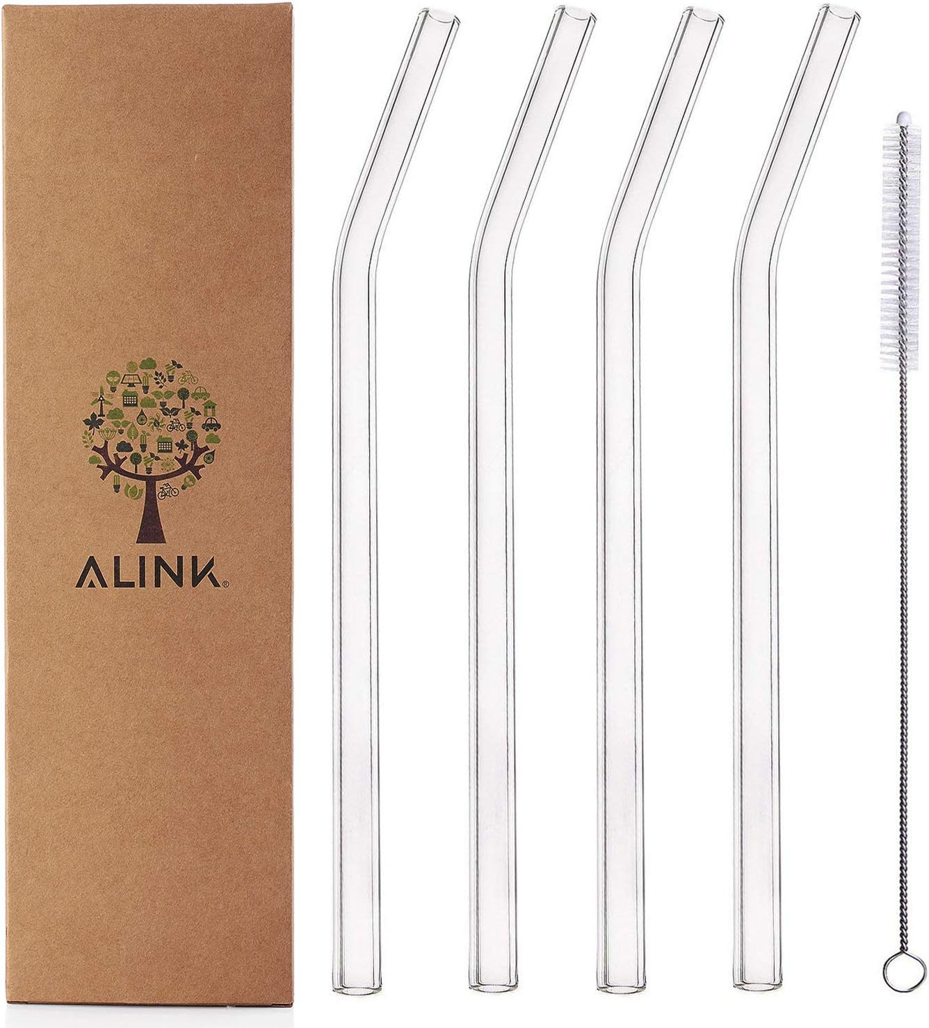 ALINK Glass Smoothie Straws, Reusable Clear Bent 9 in X 10 Mm Drinking Straws, S
