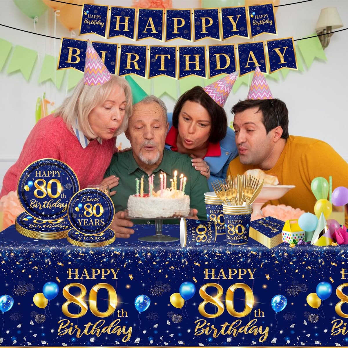 80th Birthday Decoration Men-142pcs Navy Blue and Gold Birthday Tableware Set…