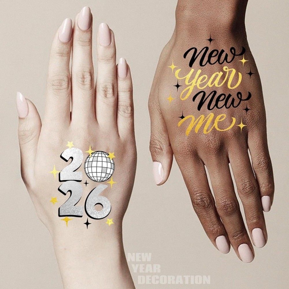 New Years Eve Party Supplies 2026 Temporary Tattoos 40 Gold Silver Foil Styles