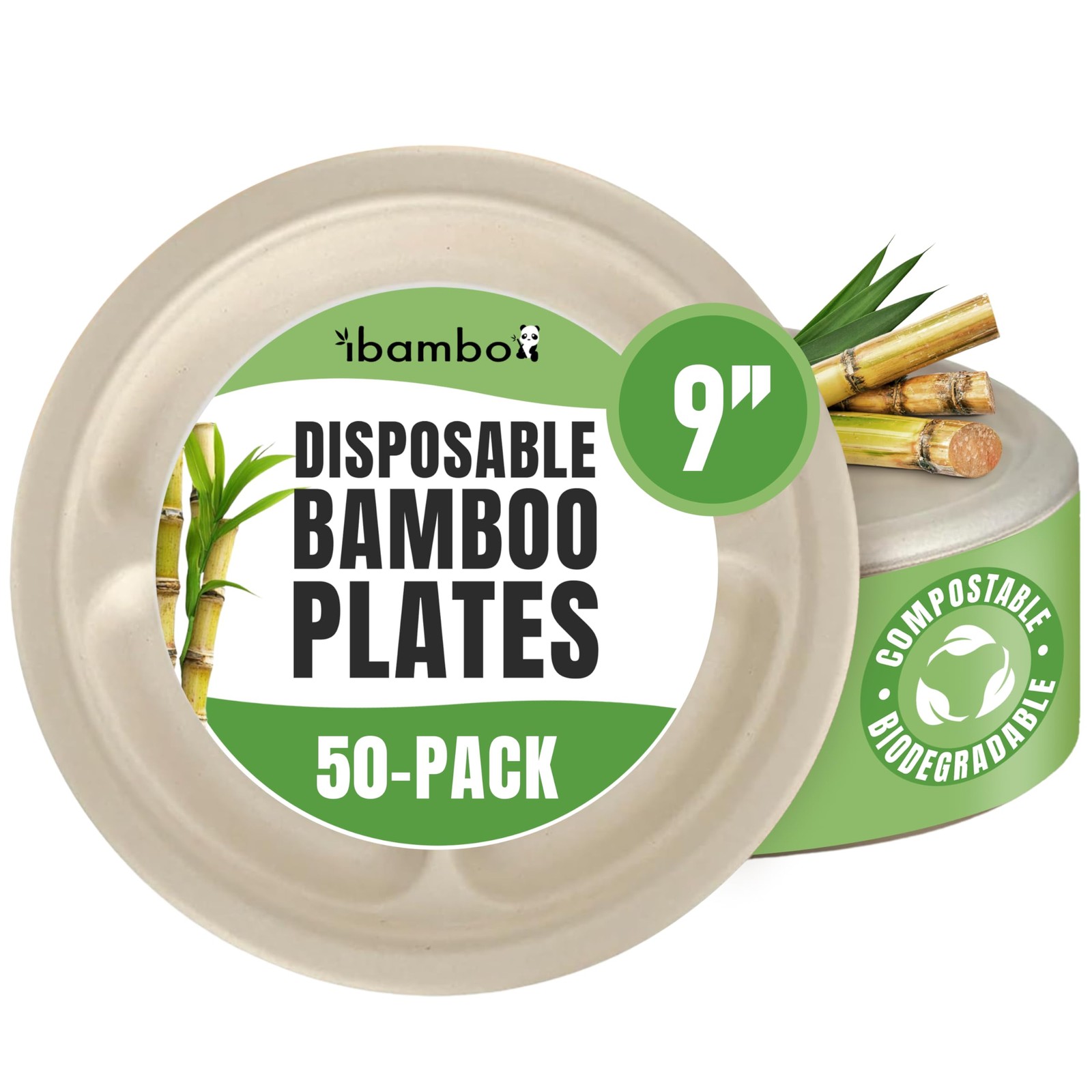 Bamboo Paper Compartment Plates Disposable (50-Pack, 9-inch) – Sturdy & Micro…