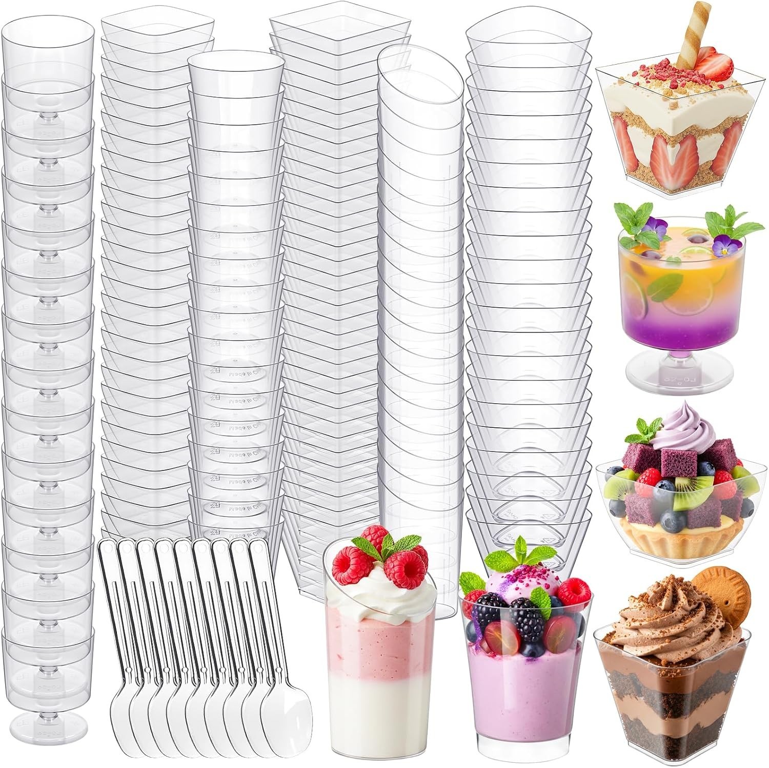 400 Pcs Mini Dessert Cups with Spoons, 6 Styles Plastic Dessert Cups, Clear V…