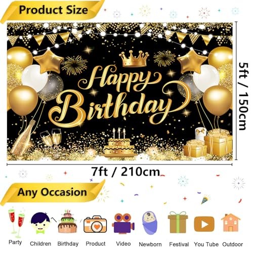 ft Happy Birthday Backdrop Banner – Black Gold Glitter Balloon Theme 7×5