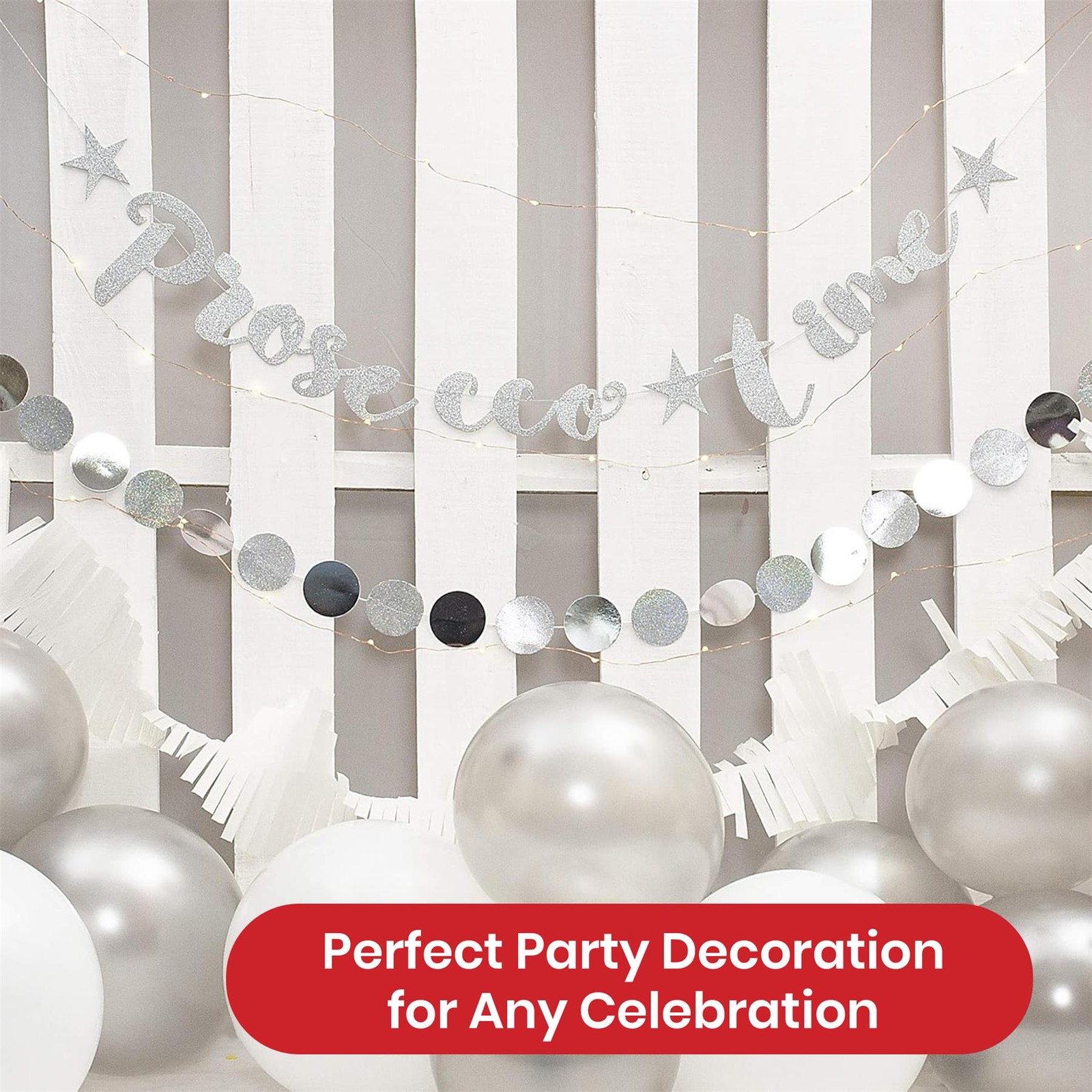 Prosecco Bunting 1.5m Silver Glitter Prosecco Party Banner for Celebrations