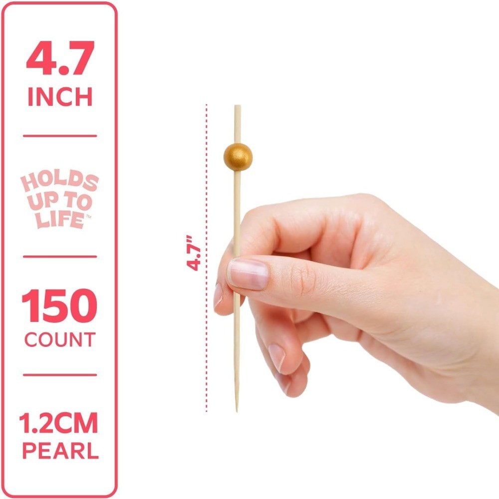 150 Count 4.7 Inch Gold Pearl Wooden Cocktail Skewers Food Toothpicks for