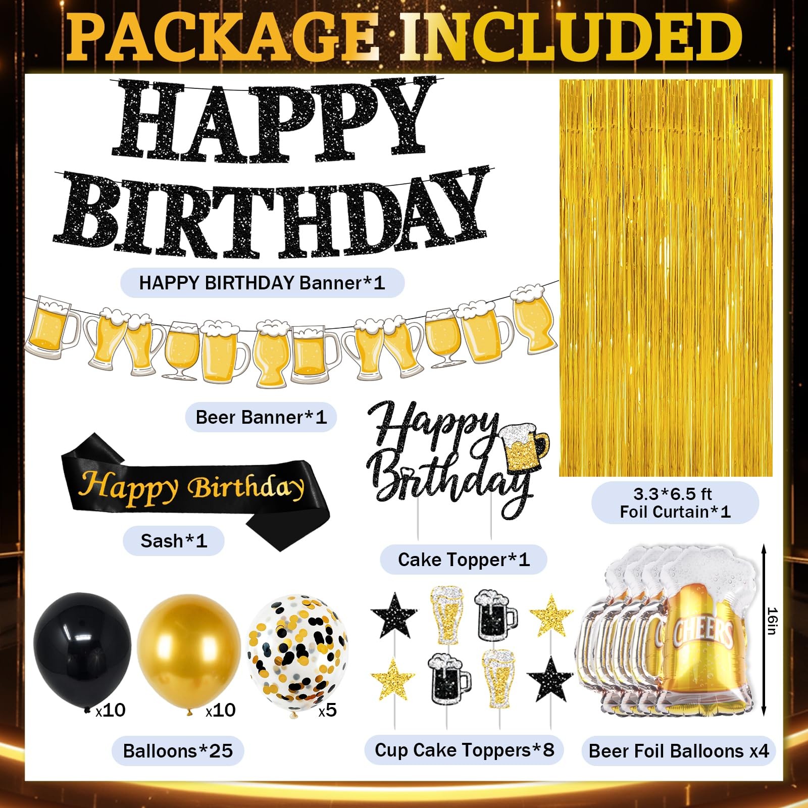 Black and Gold Birthday Decorations, 45PCS Happy Birthday Balloons Decorations f