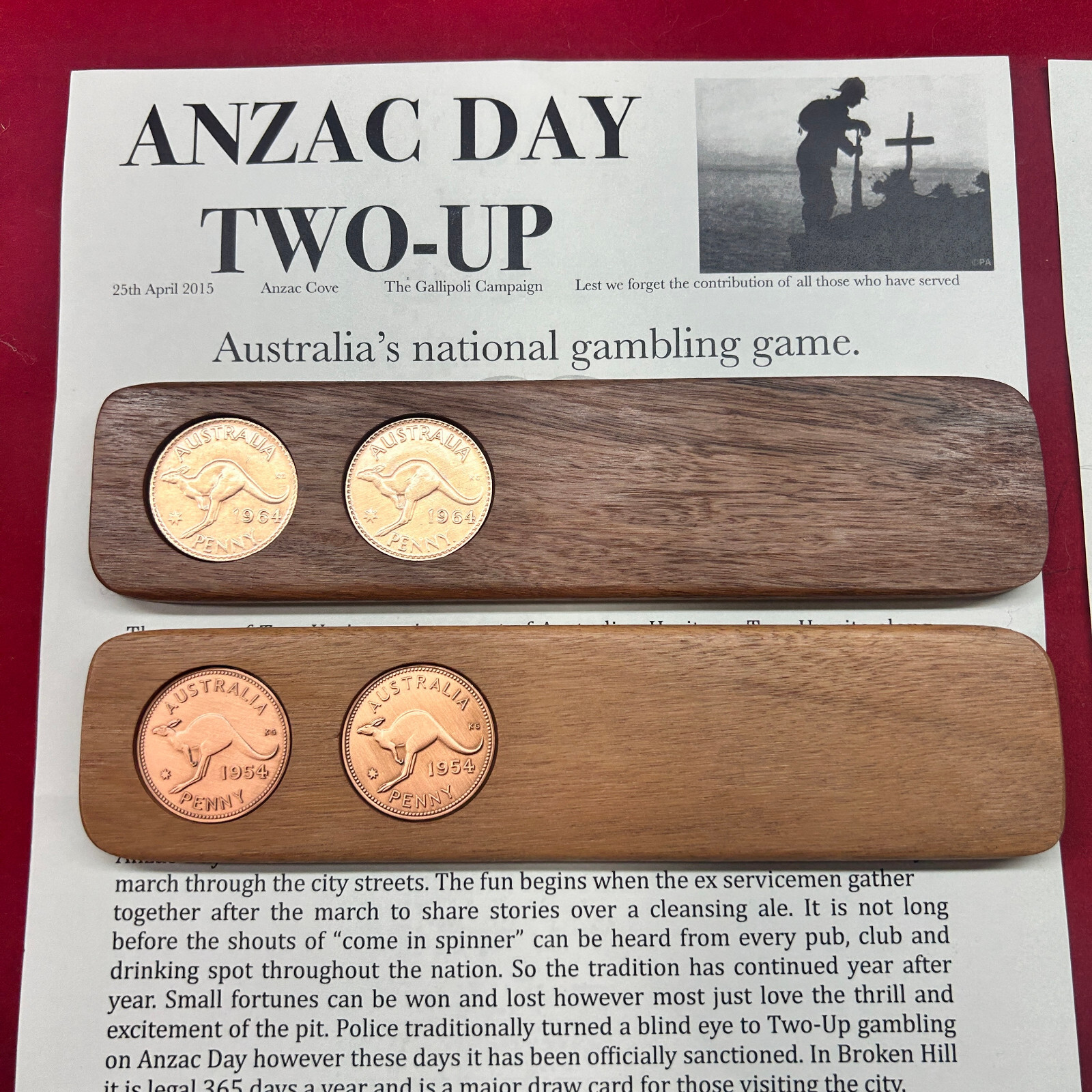 ANZAC DAY Two Up game set 80th Birthday Gift Present 1944 Australian Pennies