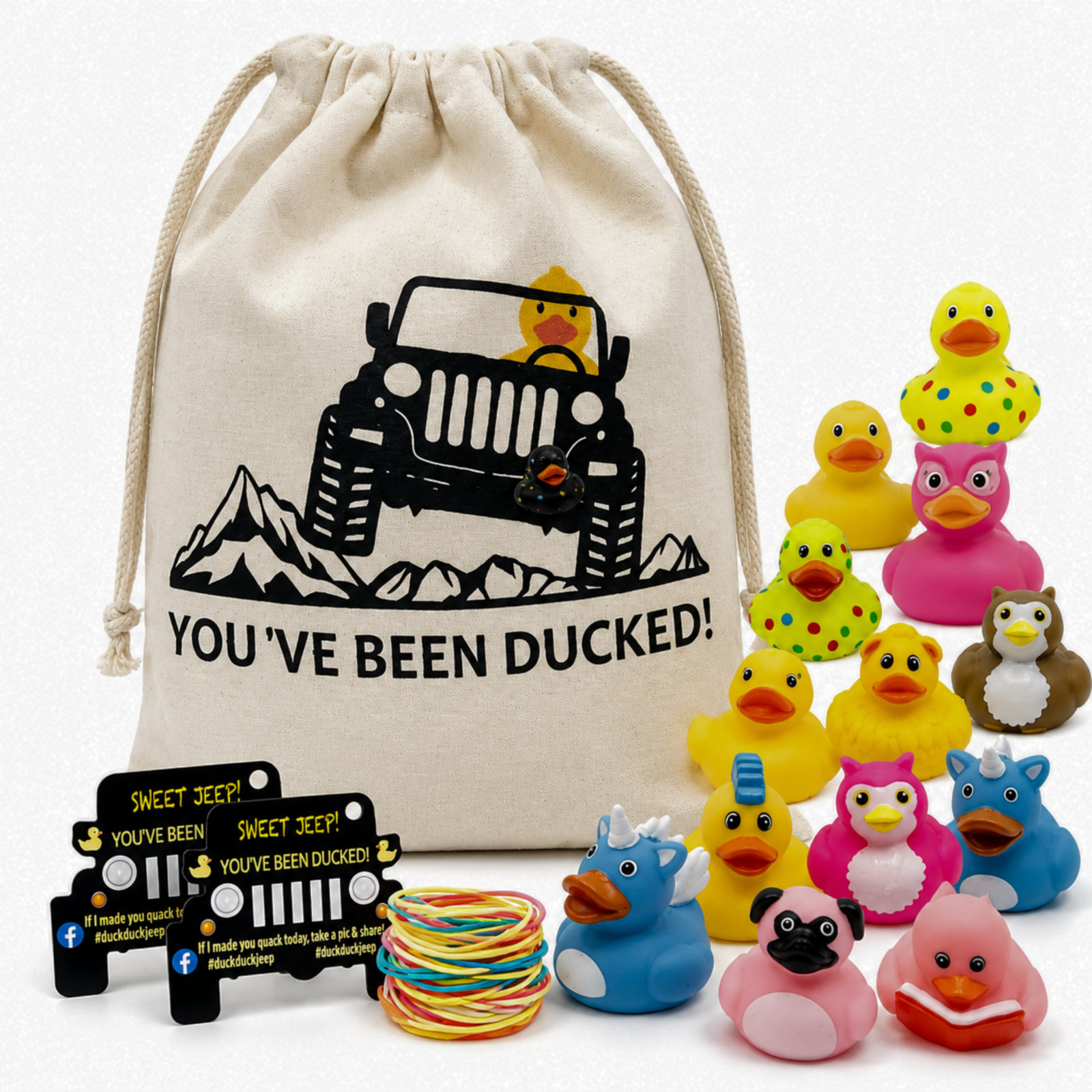 75pcs Rubber Ducks Jeep Ducking Kit 2″ Bath Toys Party Favors Bulk Jute Bag Gift