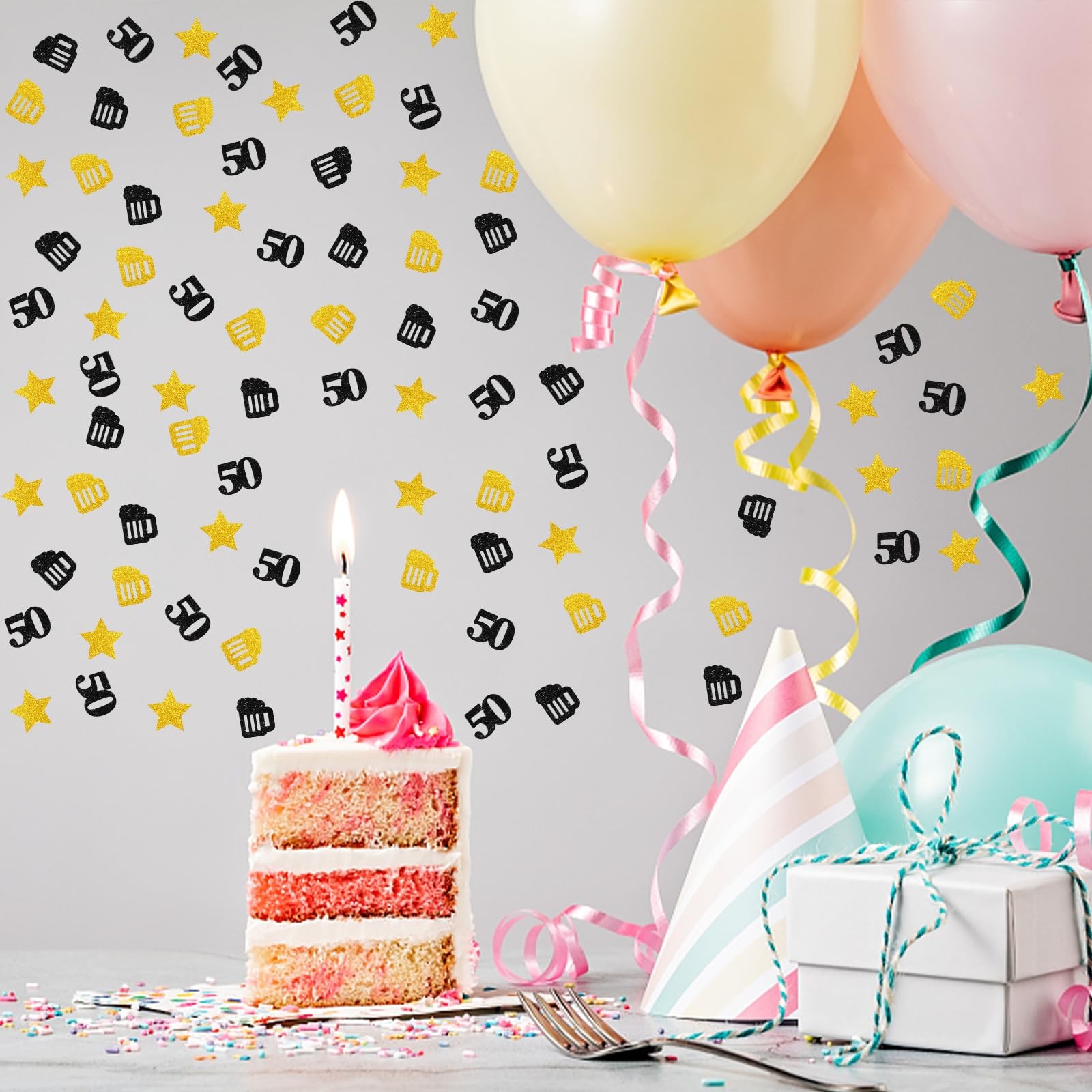 120pcs Beer 50th Birthday Confetti, Black&Gold Glitter Cheers to Fifty Years Tab