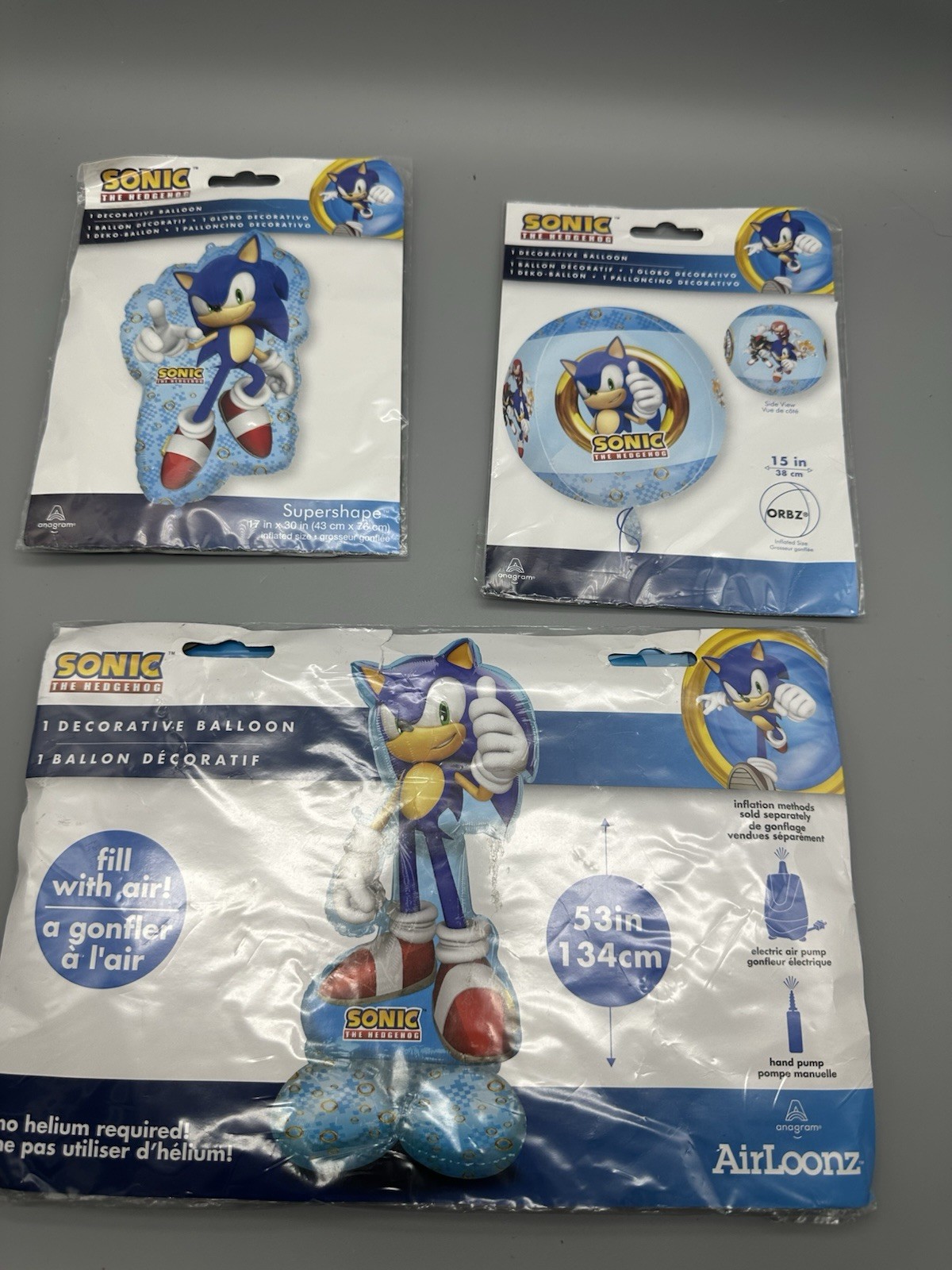 Sonic The Hedgehog Balloon Set Of 3-53in, 30in, 15in -new