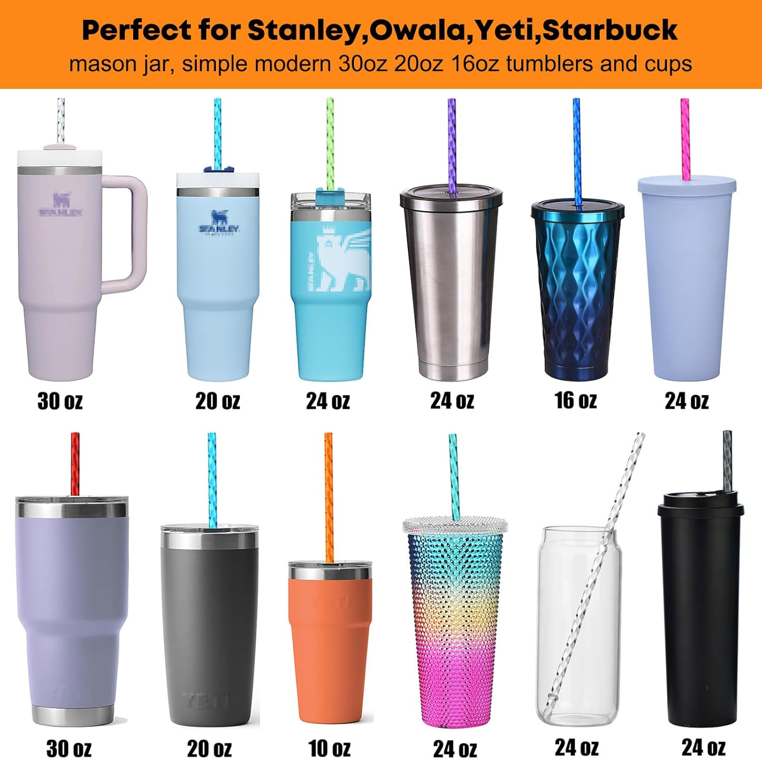 12-Pack Reusable Plastic Clear Swirl Straws, 11″ Long Colorful Hard Plastic T…