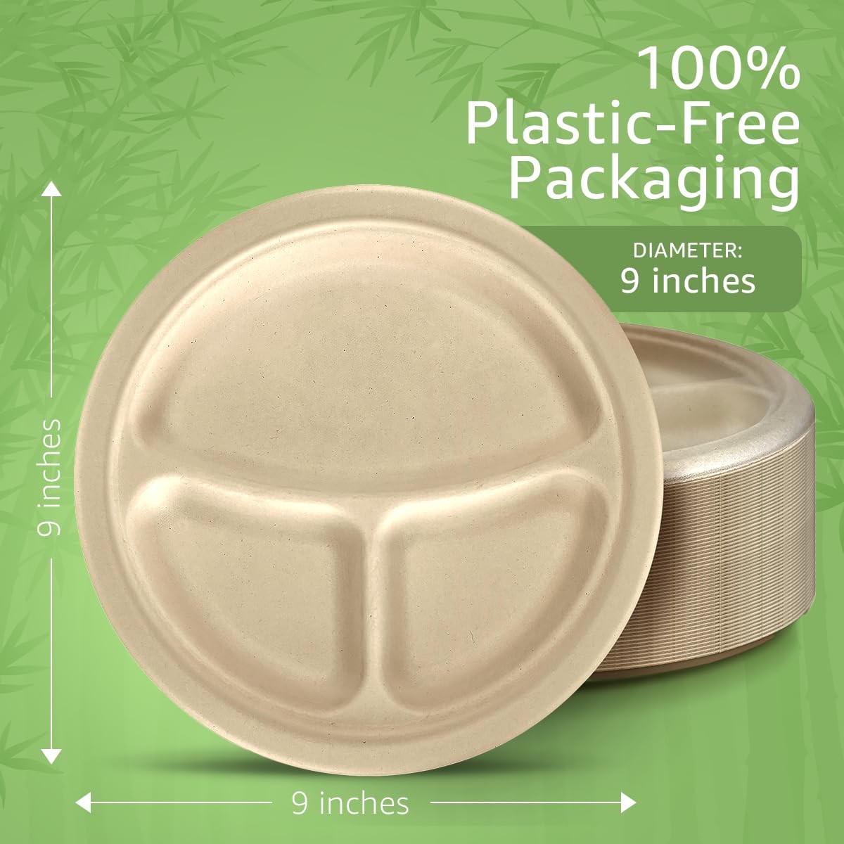 Bamboo Paper Compartment Plates Disposable (50-Pack, 9-inch) – Sturdy & Micro…