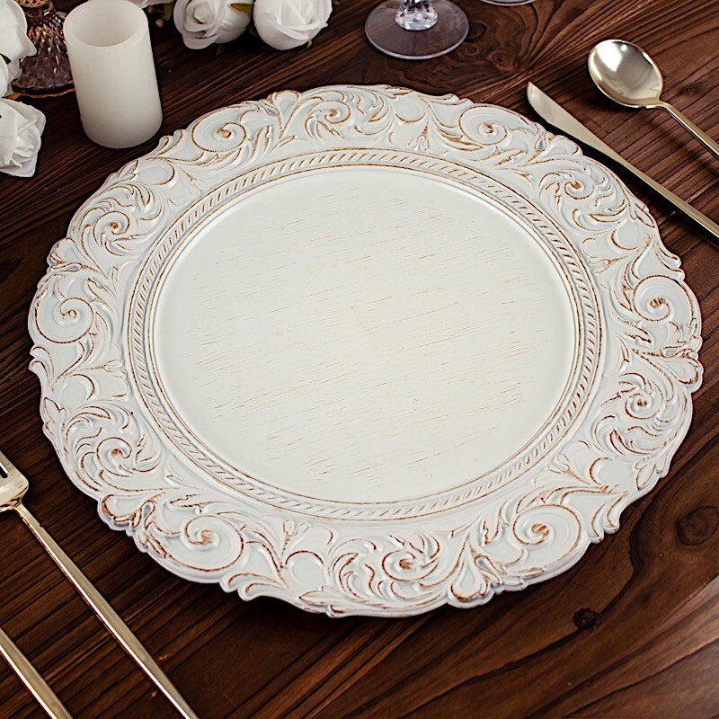 6 Antique White Gold 14″ Round Baroque Metallic Charger Plates Wedding Light