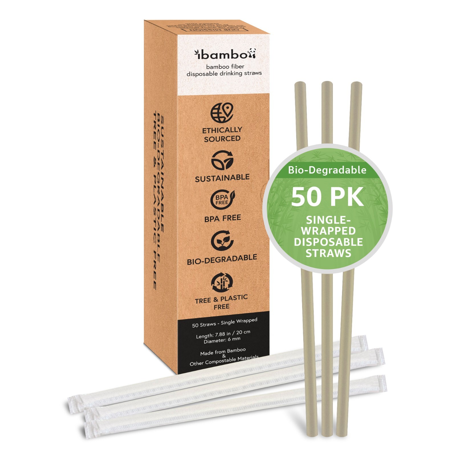 Ibambo Bamboo Disposable Straws – 50 Pack, Single Wrapped Compostable Straws
