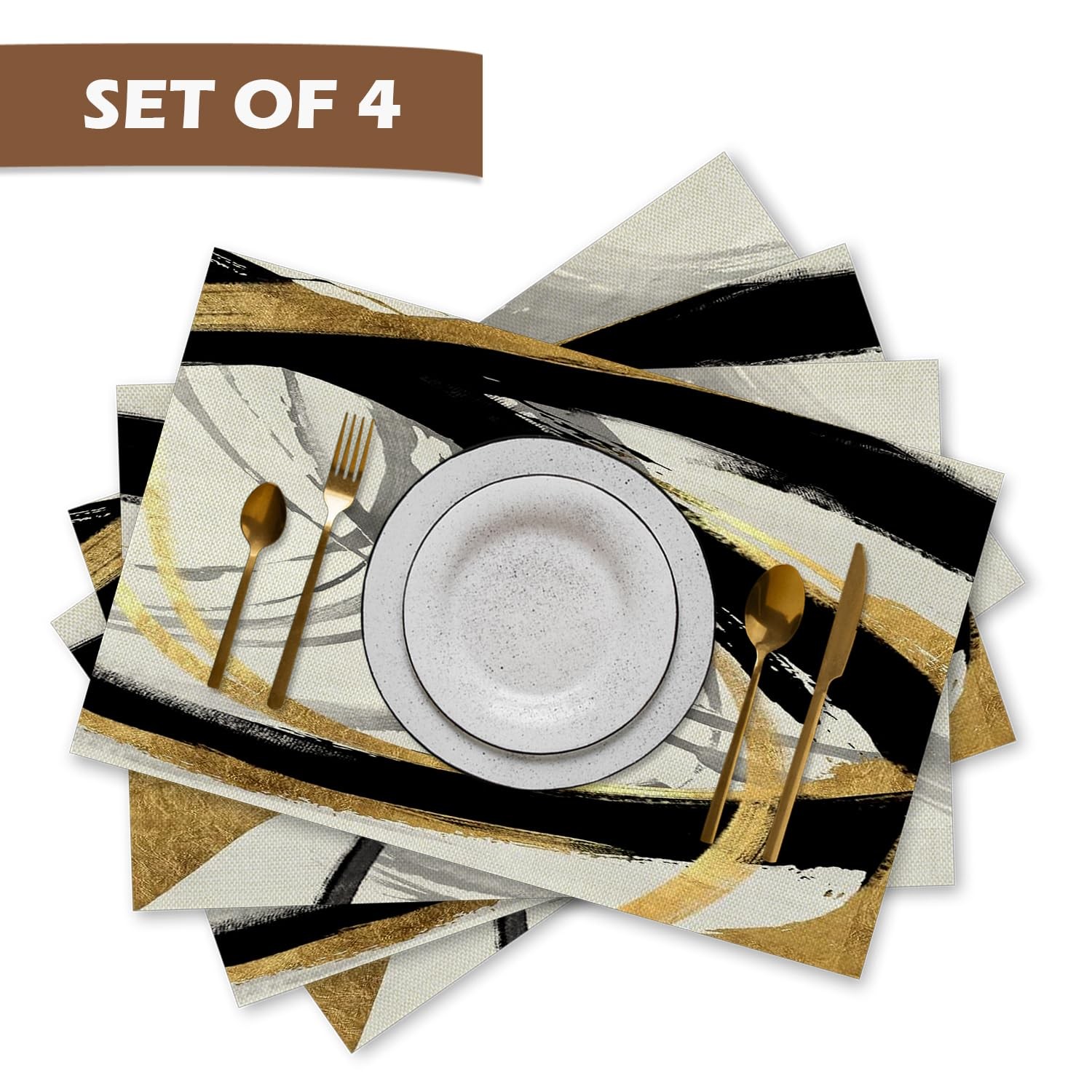 Abstract Black White and Gold Placemats Set of 4, Modern Contemporary Placemats