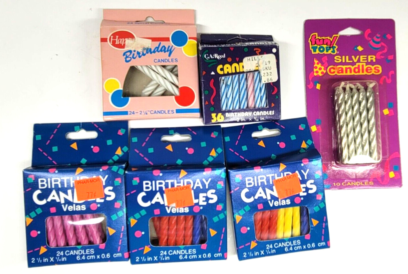 Lot of 6 Vintage Birthday Candles Boxes Multicolored Striped Solid Gibson Misc.