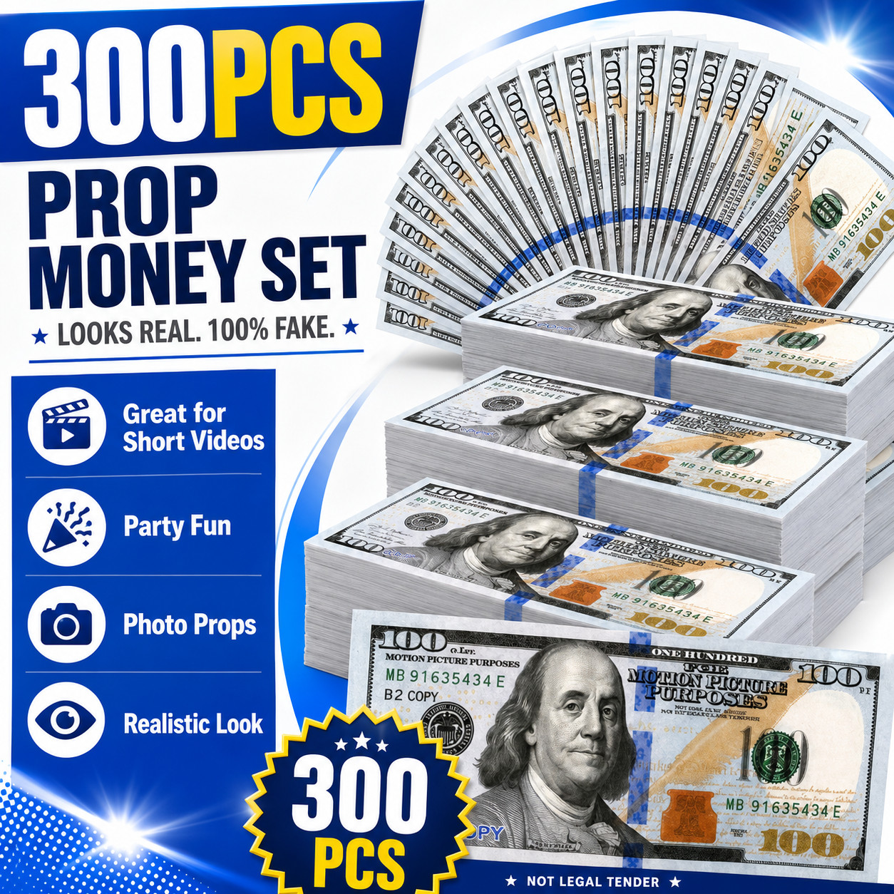 $100 Dollar Bills Prop Motion Picture Money $30,000 Dollars Total Party Props!!