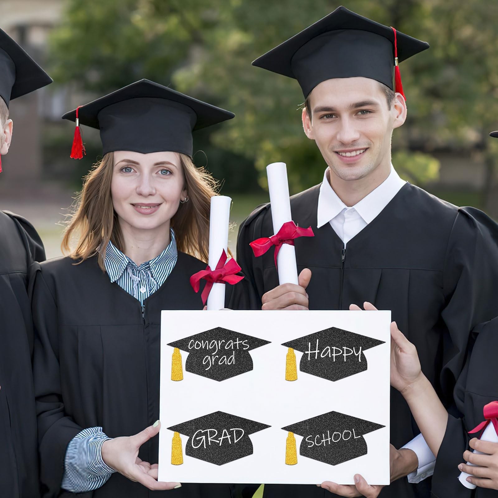 70 PCS Black Gold Grad Caps Glitter Cutouts Glue Points 5.7 Inch