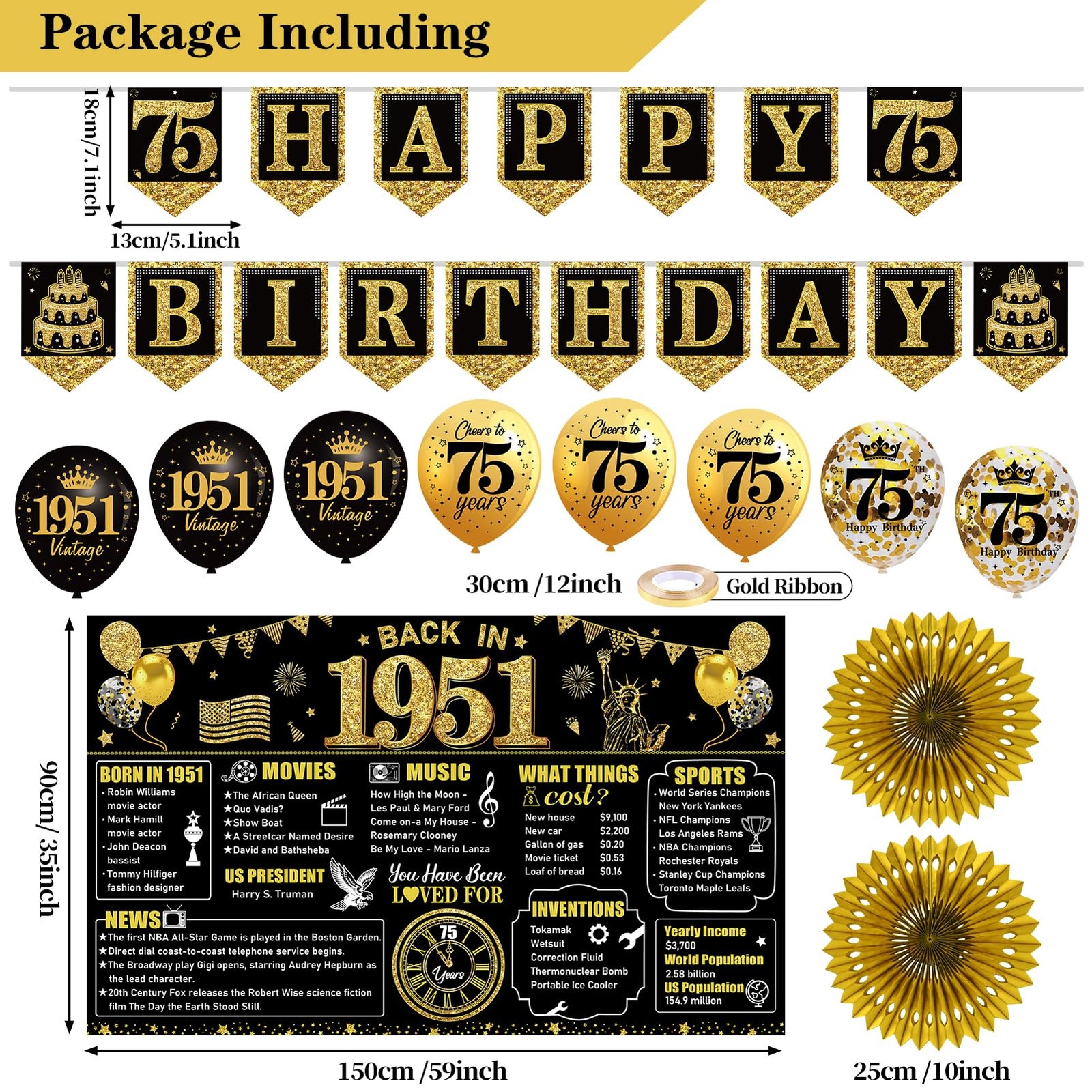 75th Birthday Decorations Kit for Men Women, Black Gold 24PCS Back in 1950
