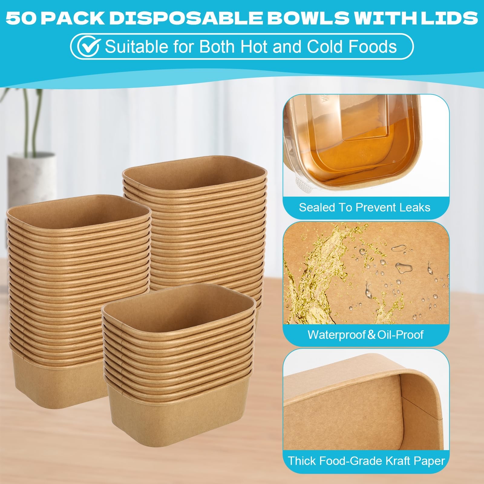 50 Pack 25oz Disposable Kraft Paper Bowls with Lids, Rectangle Meal Prep Cont…