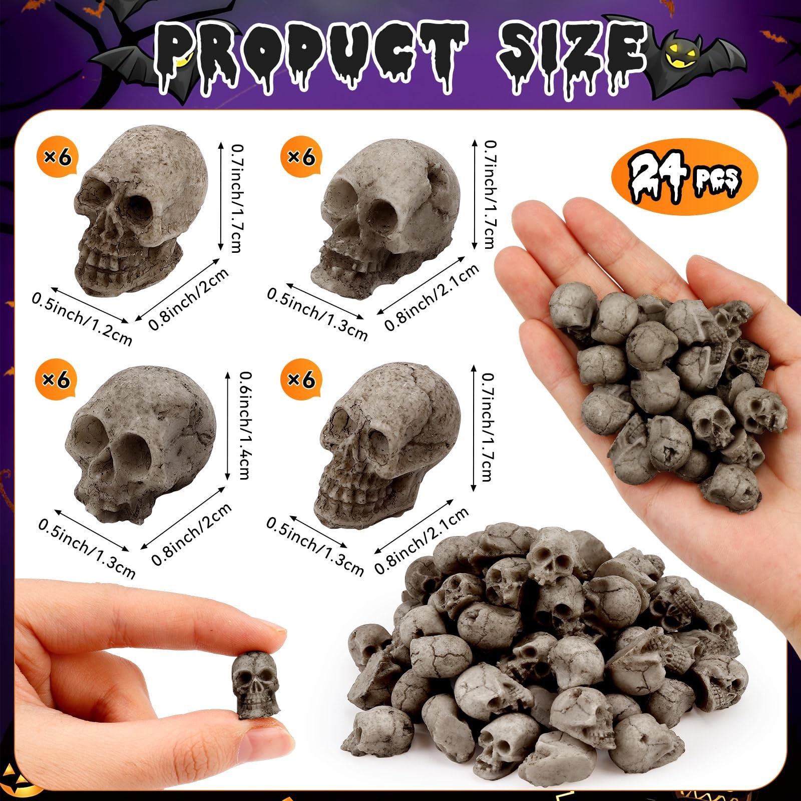24 PCS Mini Skull Heads, Miniature Skeleton Heads Figurines, Tiny Resin Skull…