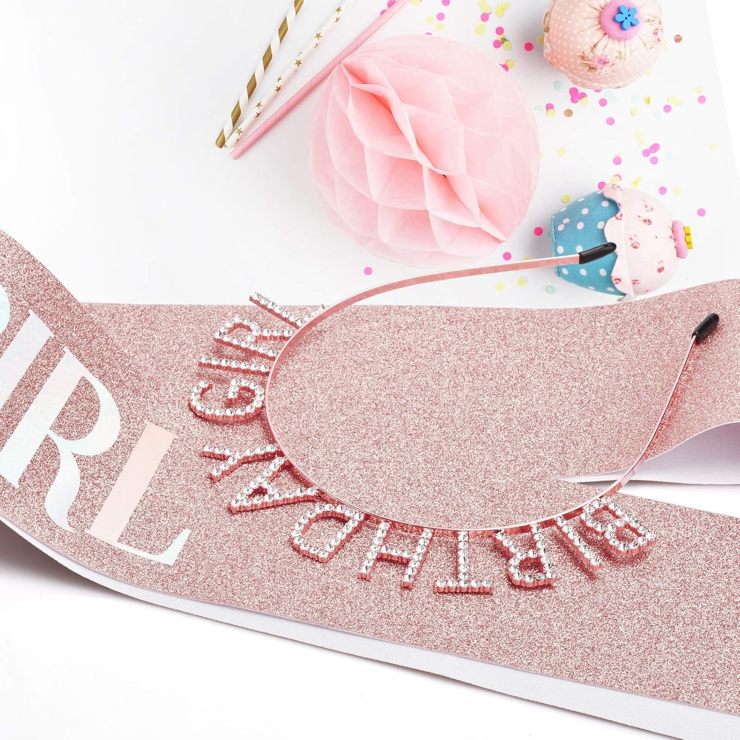 Birthday Crown and Sash Set for Women – Glitter Birthday Girl Sash, Rose-Gold…
