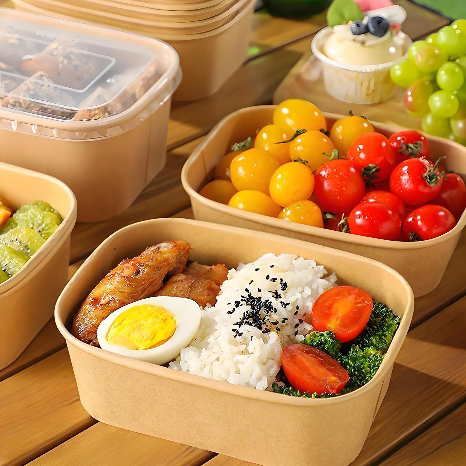 50 Pack 25oz Disposable Kraft Paper Bowls with Lids, Rectangle Meal Prep Cont…