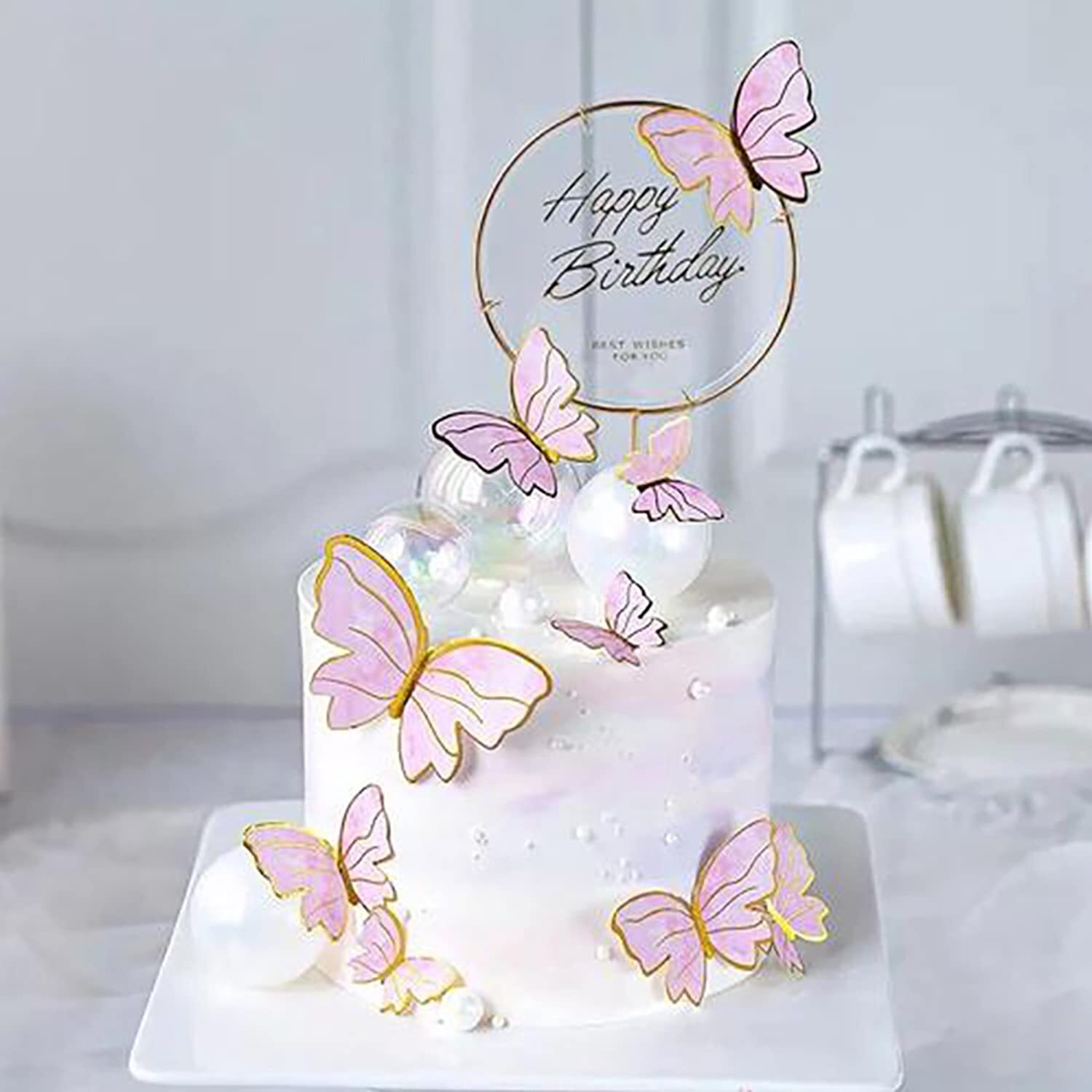 Pink Cake Toppers, 11pcs Cupcake Toppers Happy Birthday Cake Toppers