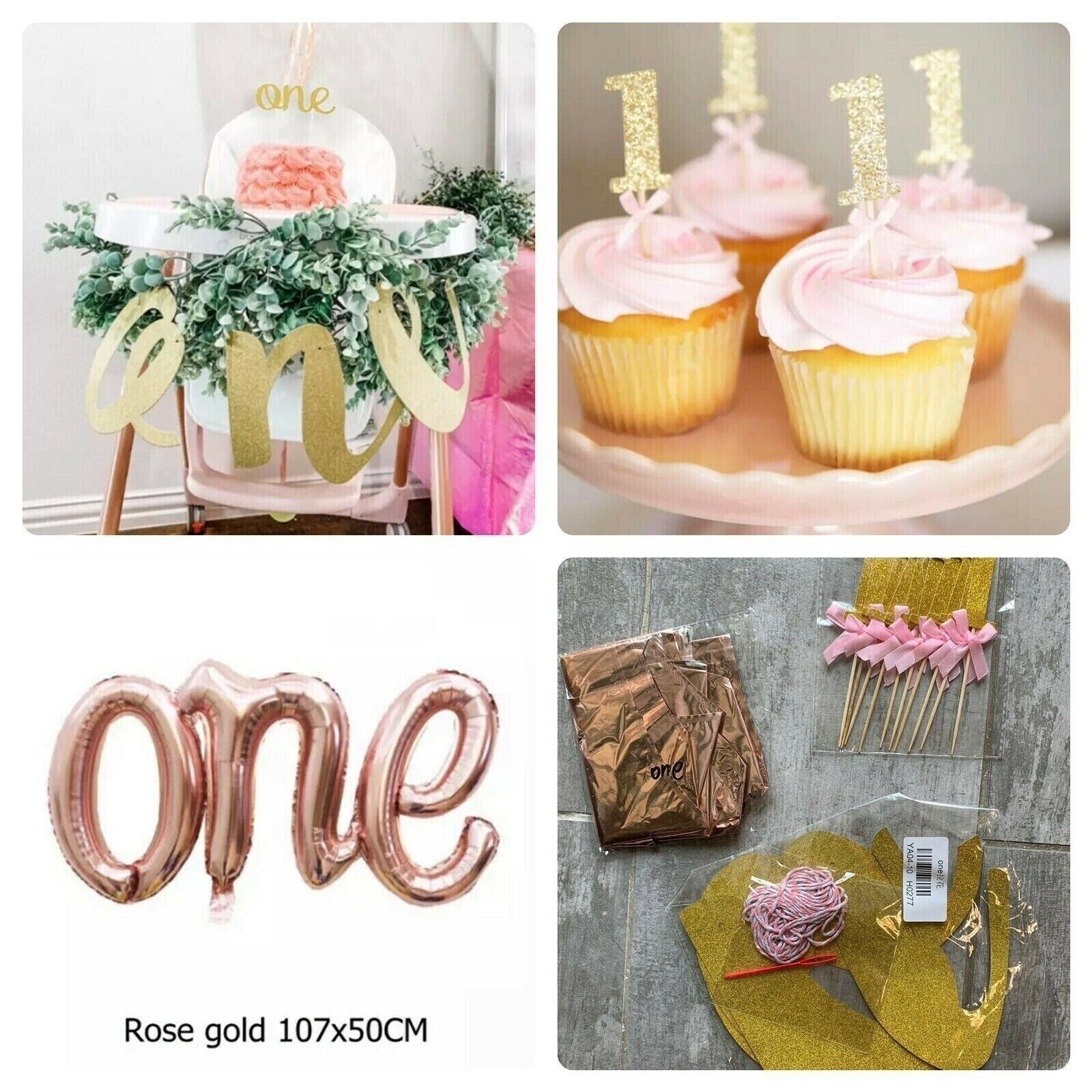 Baby Girl First 1st Birthday Set Lot Party Decorations Balloon Banner Cake Top