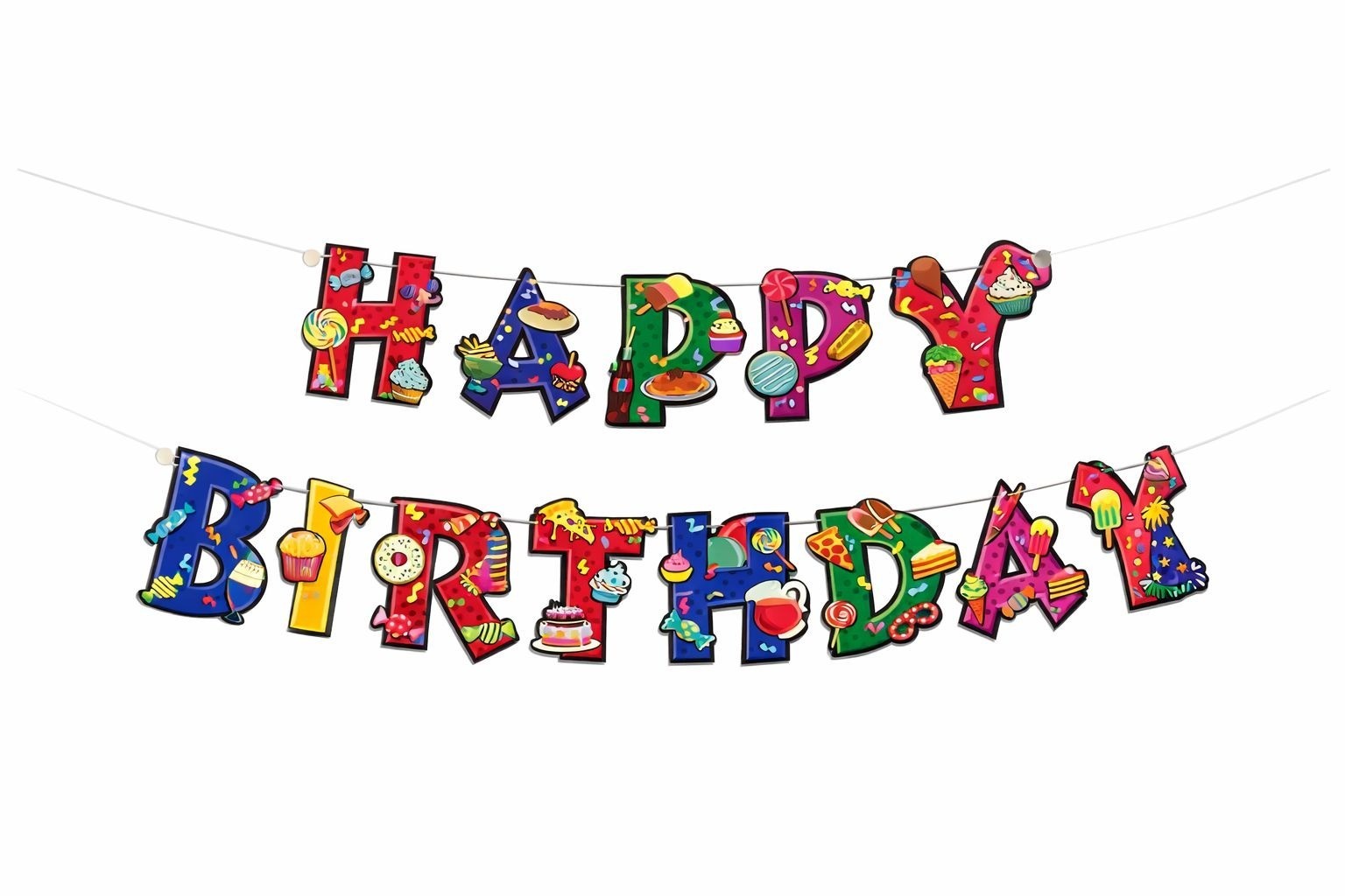 Happy Notes Happy Birthday Banner Colorful Food-Themed Ribbon String Party Decor
