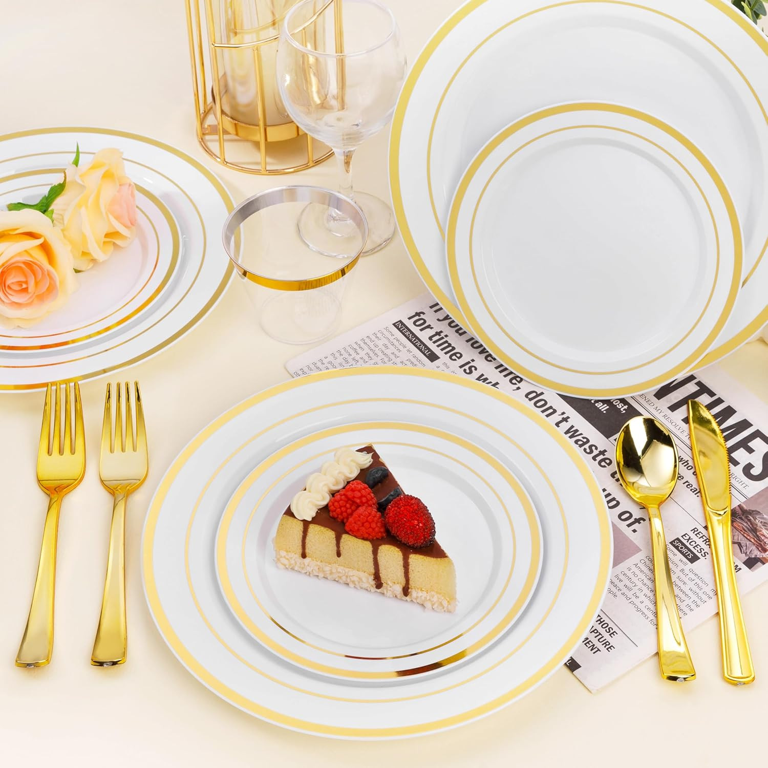 100PCS White Plastic Plates for Party, 10.25 Inch Disposable Plates with Gold Ri