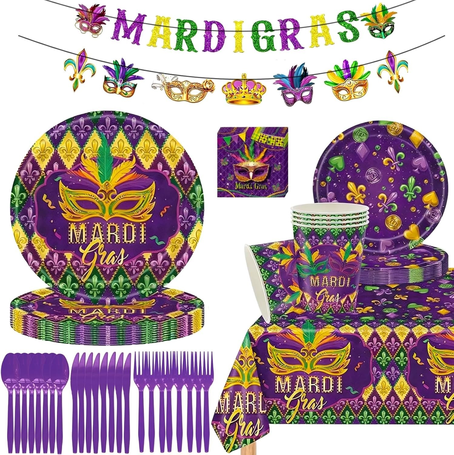 Mardi Gras Disposable Contemporary Multicolor Set (Plates, Napkins, Tablecover)