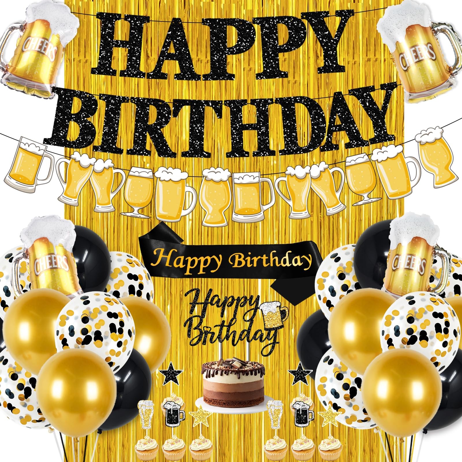Black and Gold Birthday Decorations, 45PCS Happy Birthday Balloons Decorations f