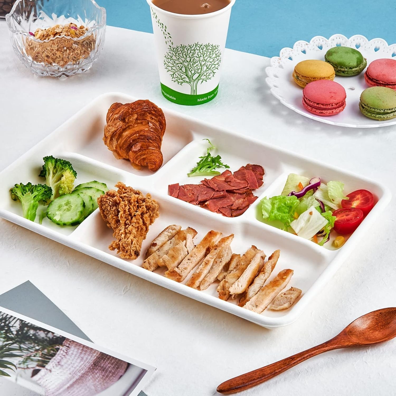 100% Compostable 5 Compartment Plates, 100 Pack Disposable Compartment Paper …
